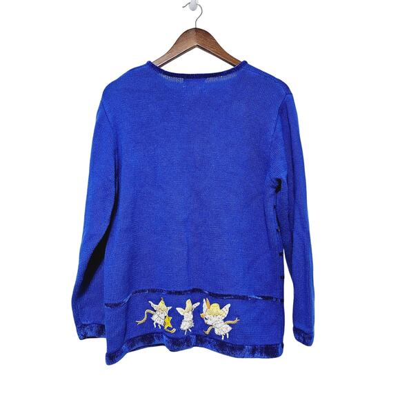 VTG Quacker Factory Christmas Sweater Cardigan Full Zip Blue Angels Stars Moon L - Picture 2 of 8